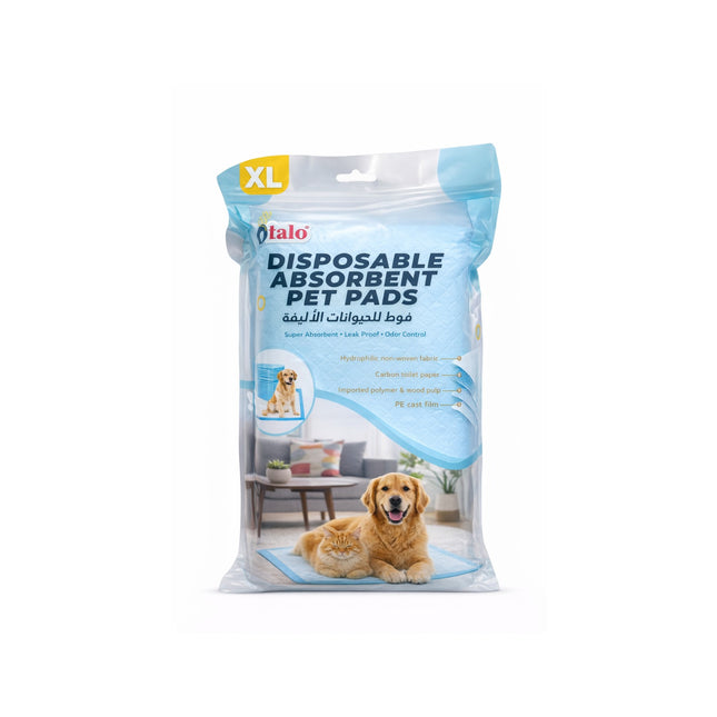 Pack of disposable absorbent pet pads with a dog on the packaging.